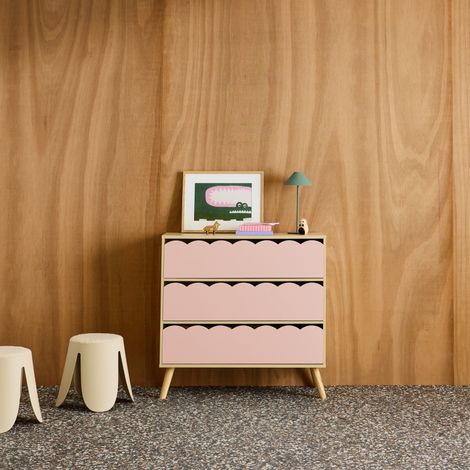 Commode enfant décor bois rose 3 tiroirs. pieds bois de pin - 80 x 30 x 79 cm - Azur