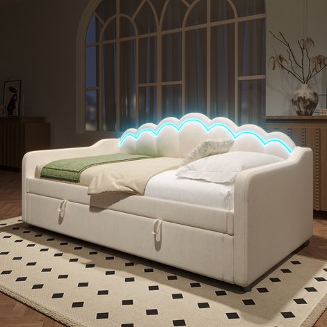Letto singolo in velluto beige 90x200 cm con contenitore idraulico e LED telecomandato