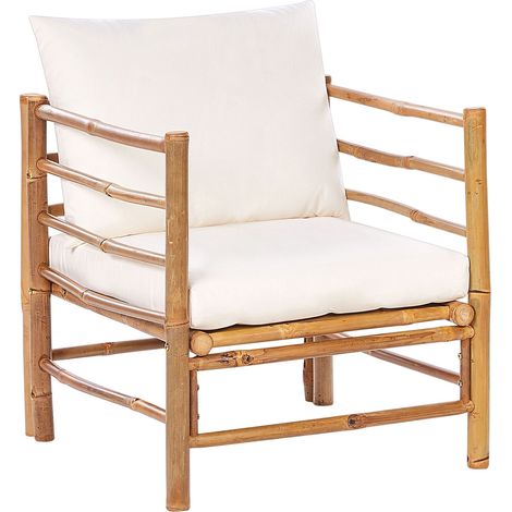 Fauteuil de Jardin Moderne Rustique en Bambou avec Dossier et Coussins Extérieur Blanc Cassé Cerreto