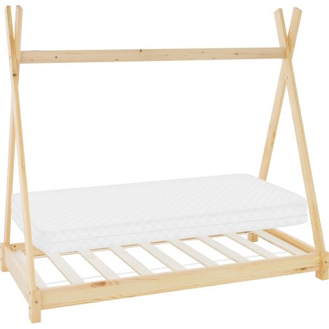 ML-Design Kinderbett Tipi 70x140 cm Natur mit Matratze & Lattenrost, Indianer Bett aus Kiefernholz, Hausbett für Mädchen & Jungen, Bodenbett Kinderhaus Jugendbett Holzbett Bettenhaus Spielbett Zelt