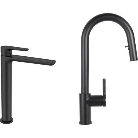 Set miscelatore lavabo XL + miscelatore cucina Ceramia Timeless in acciaio inox con doccetta estraibile, nero opaco (SATBM285C)