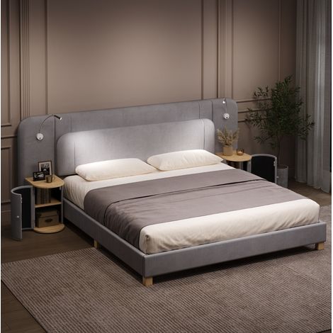 Bett 180/200 cm in Grau aus Cord mit integrierten Nachttischen und LED-Leuchten (1/5)