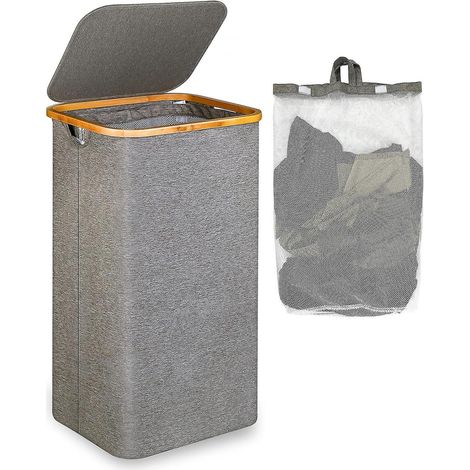 panier Linge De 110 Litres Avec Pochette En Filet Et Couvercle (gris), Poigne En Bambou, Panier Linge Pliable Xxl (1/5)