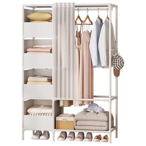 Freestanding clothes wardrobe with shelves and hanging rail, lightweight portable clothes closet, closet organizer with side hooks for small spaces, bedroom (1/5)