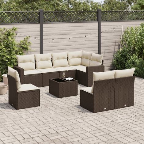 9-tlg. Garten-Sofagarnitur mit Kissen Braun Poly Rattan (1/3)