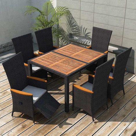 Ensemble à manger d'extérieur 7 pcs-Salon de jardin Résine tressée acacia Noir 242325 (1/5)