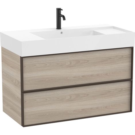 Pack meuble unik "INSPIRA" 1000 - 2 tiroirs + lavabo plan en fineceramic - Pin Blanc - Roca (1/2)