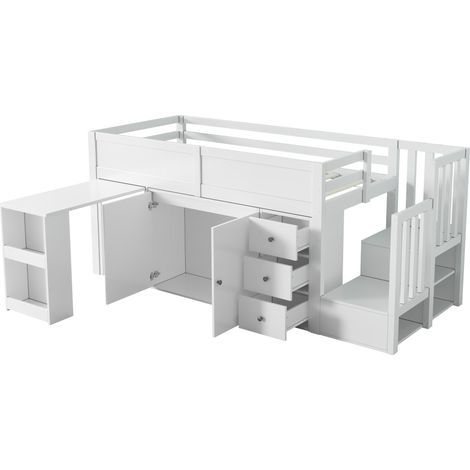 GagaGagaLit mezzanine enfant avec bureau, armoire et escalier, blanc 90x200