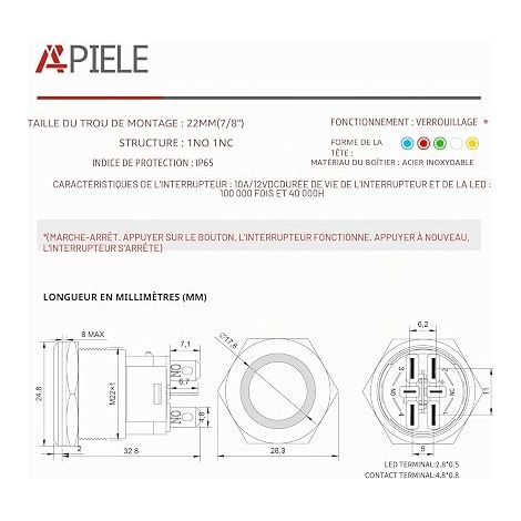22 mm - Bouton poussoir de verrouillage - 12 V CC - 10 A - Boîtier en aluminium avec LED - Étanche - Bouton poussoir avec prise pré-câblée marche/arrêt (bleu) (1/4)