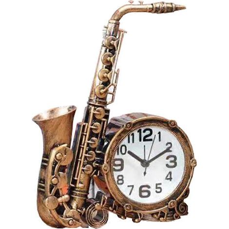 Réveil à piles, style saxophone rétro, objet de décoration de bureau original, couleur bronze (1/4)