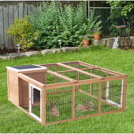 Parque para pequeños animales 123 x 120 x 52 cm con tejado impermeable, madera natural DESVIAE (1/5)
