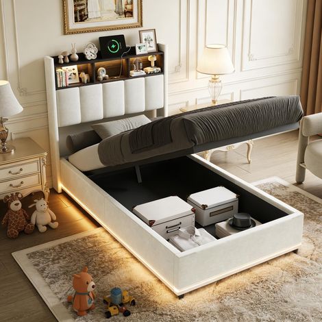 Stauraumbett 90x200 cm für Kinder, Einzelbett mit Kopfteil & Lattenrost, LED & USB, gepolstert, Samt Beige (1/5)