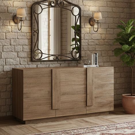 Credenza Malosco, Madia 3 Ripiani, Apertura Battente Made in Italy, 3 Ante, 182x44x90h cm Marrone Rovere (1/5)
