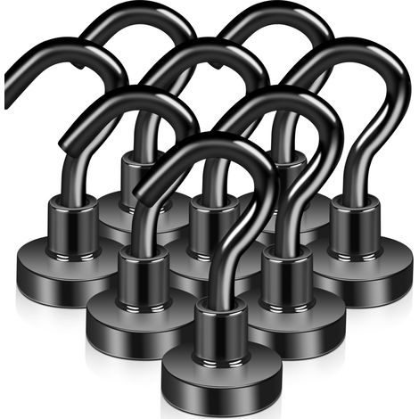 Lot de 8 crochets magnétiques extra puissants noirs en néodyme avec crochets - 16 mm - Sans perforation - Pour portes en fer, réfrigérateurs, cuisines, penderies, bureau (1/5)