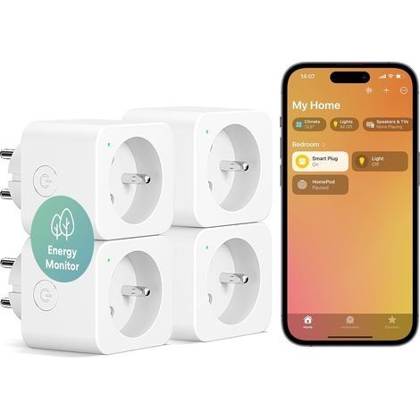 Prise Connectée (Type E), 16A Prise WiFi Compatible avec HomeKit, Alexa et Google Home, Lot de 4 prises avec mesure du courant, commande vocale et télécommande (1/5)