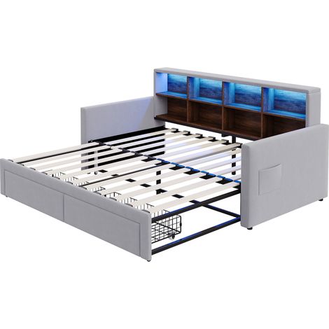 Letto banquette estensibile 90x190 cm in velluto grigio chiaro con vani e LED (1/5)
