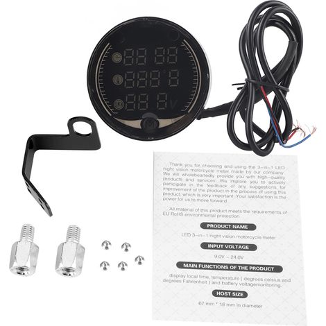 Thermomètre numérique électronique 3-en-1 pour moto : voltmètre, horloge, jauge de température (1/5)