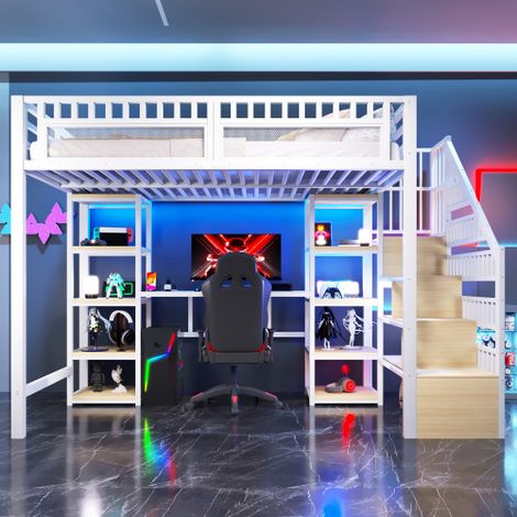 Hochbett,  Eisenrahmen, Ablagefach, Leiter mit Stauraum, Schreibtisch, LED-Lichtleiste, USB-Anschluss inklusive, ohne Matratze