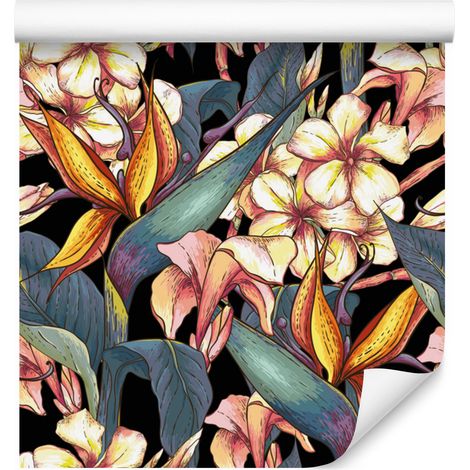 Papel pintado de hojas tropicales con flores para salón y dormitorio, 50x1000 cm. (1/5)