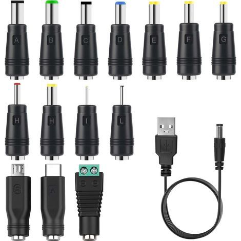 14 en 1 Chargeur Câble USB A vers DC 5.5x2.1 mm Câble Adaptateur DC Rond avec Embout Micro/Type-C Connecteurs pour Ventilateurs Routeurs Lampes Ruban LED Rasoir Box TV PC Diffuseur Universel 1M (1/5)