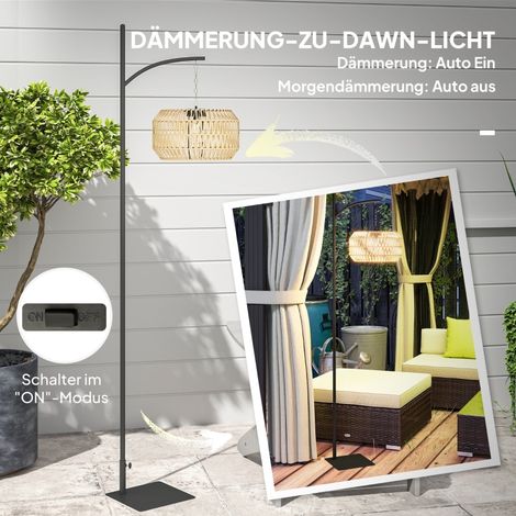 Lampe solaire sur pied en rotin, éclairage automatique avec capteur de lumière, style bohème, noir et jaune, IP44, idéale pour jardin et terrasse. (1/5)