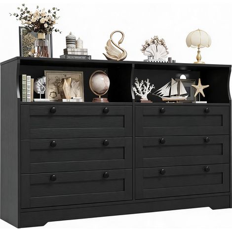 IDEALHOUSE Commode 6 Tiroirs 140 cm Noir (1/5)