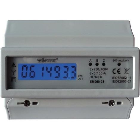 Velleman – Compteur kWh triphasé 3 x 230/380V – Courant 10(100)A – Classe de précision 1.0 – LCD rétroéclairé pour suivi consommation - RI4979 (1/6)