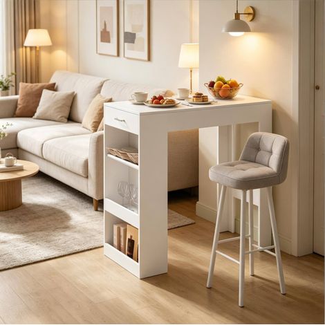 Bartisch Holzwerkstoff Weiß 100x50x100 cm mit Schublade, Weinregal und 2 Ablagen (1/4)