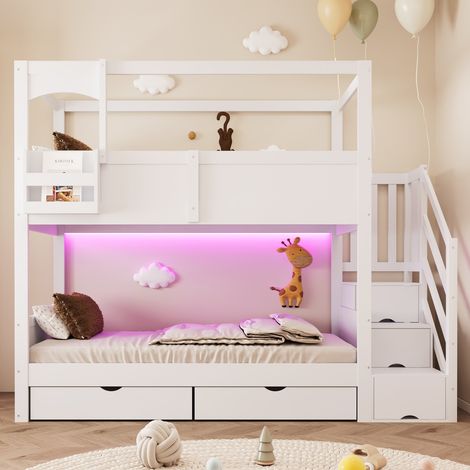 Lit superposé enfant 90x200 cm blanc style cabane, échelle, tiroirs, rangements modulables et tableau noir créatif pour garçons et filles (sans Matelas) (1/5)