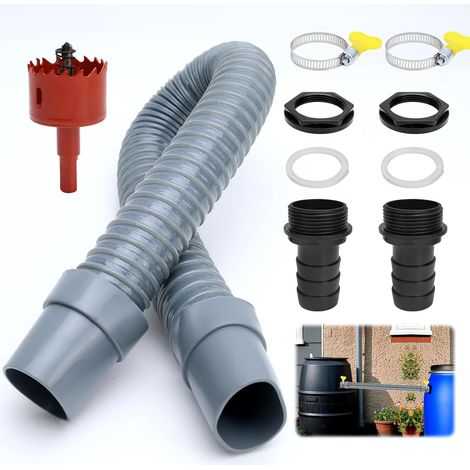 Kit de raccordement pour citerne de pluie avec tuyau de 50 cm (Ø30 mm), 2 raccords de citerne de 1", 2 colliers, 2 joints d'étanchéité en silicone, ouvre-trou (1/5)