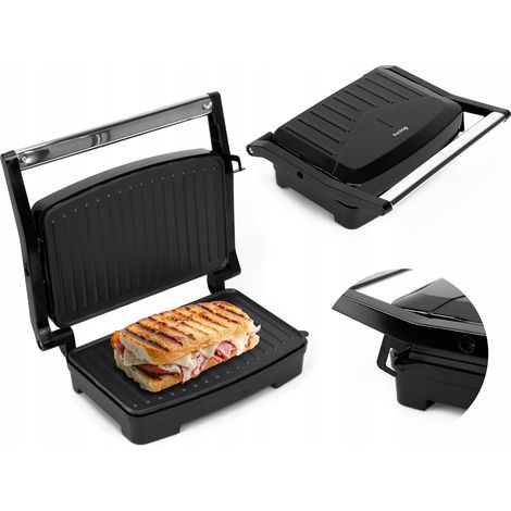 Grill Panini Électrique 1000W avec Revêtement Antiadhésif, Poignée Cool Touch, Voyant Lumineux, Pieds Antidérapants, Format Compact 28x22,5x8,8 cm, Inox, Noir (1/5)