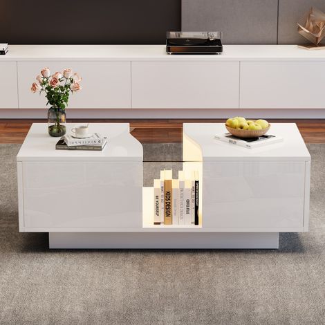 Table basse rectangulaire - 100x50x35 cm - Plateau en acrylique et 2 tiroirs - Éclairage LED Bluetooth - blanc laqué haute brillance (1/5)
