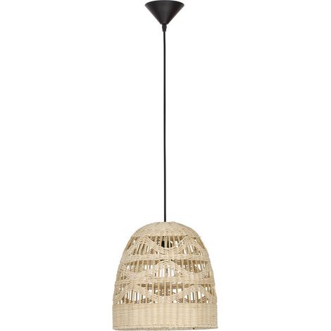 Merano Land Plafonnier Suspension Dôme 30cm Rotin Naturel Fil Tissu Noir Culot LED E27