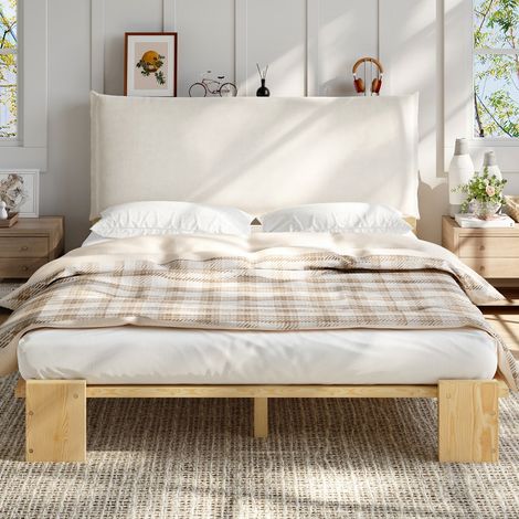 Lit double-capitonné-sommier lattes-tête auto-agrippante-pieds larges pin+mousse+contreplaqué-145x208x82cm-Sans Matelas (1/5)