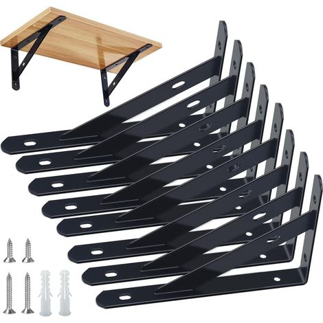 8 supports d'étagères Supports pour charges lourdes Angle de mur 90 degrés Support d'étagère en métal avec vis Support d'étagère en fer mural pour angle d'étagère (150×95mm),Noir (1/5)