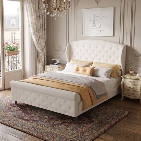 Lit Double 140x200 cm, lit capitonné avec sommier à Lattes et Tête de lits rembourré, pour Adultes et Adolescent, sans Matelas, forme de traîneau, Beige (1/5)