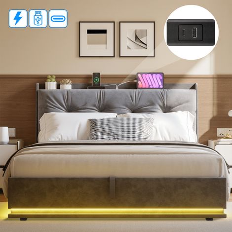 Lit adulte coffre 140 x 200 cm avec éclairage LED et ports USB, Cadre de lit 140 x 200 avec lattes en bois et tête de lit rembourrée, moderne et confortable, lit en velours, sans matelas (1/5)