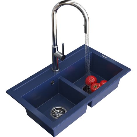 Évier de Cuisine en Granit Double Bac DUET Vert Bleu avec Robinet Prati et Siphon Inclus (1/5)