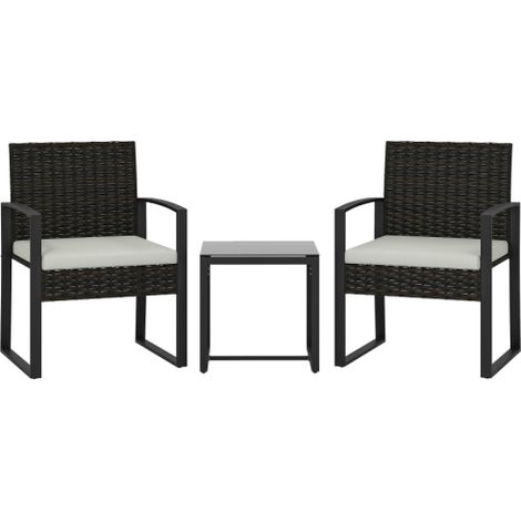 Ensemble Bistro Rotin Mobilier Jardin 3 Pièces 2 Chaises Coussin Amovible Table Basse Intérieur Extérieur Crème Blanc (1/5)