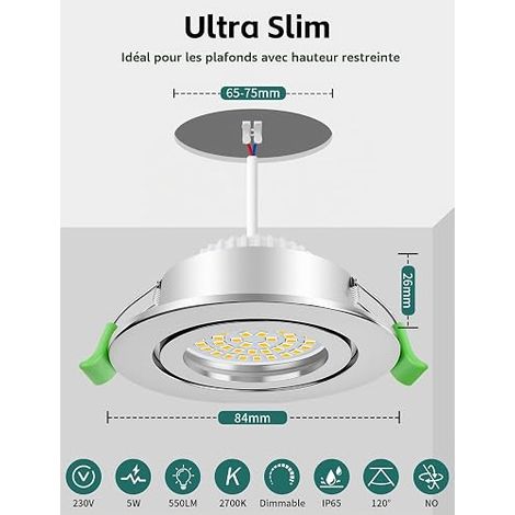 KYOTECH Spot LED Encastrable Dimmable 65-75mm 5W IP65 Spot LED Encastrable Extra Plat Blanc Chaud 2700K Spots de Plafond Etanche Salle de Bain, Nickel Lot de 6 (Non Rotatif) (1/4)