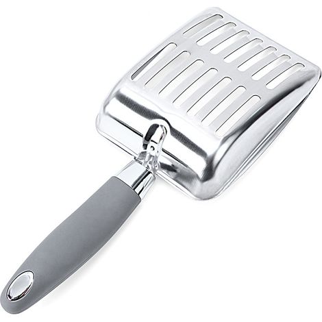 Katzenstreuschaufel, Streusieb aus Edelstahl, Metallschaufel, Kotsieb, Kätzchenschaufel, langlebig, robust, flaches Edelstahlmaterial, grauer Griff.
