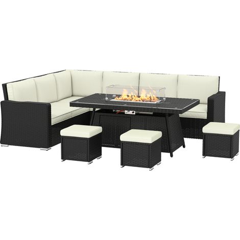 Outsunny 7 Pieces Rattan Garden Furniture Set w/ 50,000 BTU Fire Pit Table (1/5)