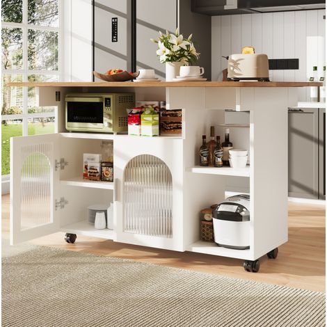 Isola da cucina 120x30x79.5 cm bianca in MDF e vetro con piano ribaltabile e ruote (1/5)