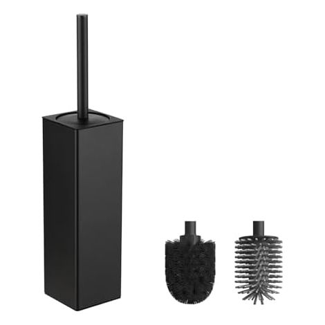 Toilet Brush, Metal Toilet Brush Including 2 Brush Heads, Freestanding Square Toilet Brush for Bathroom Black (1/5)