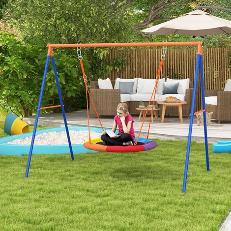 Columpio infantil metálico tipo nido con estructura en forma de A para uso exterior, multicolor.