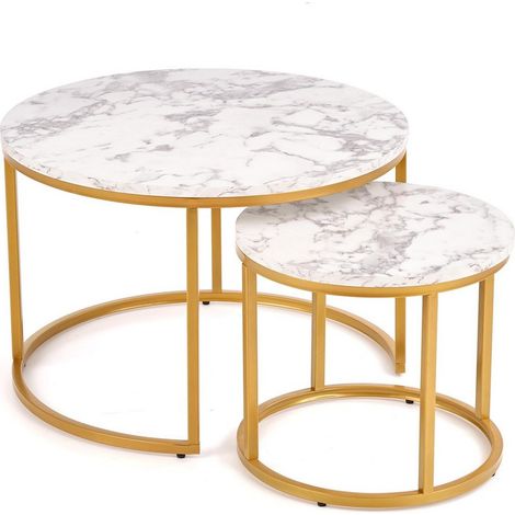 Tables gigognes rondes avec plateau style marbre et structure en métal doré Troie (1/5)