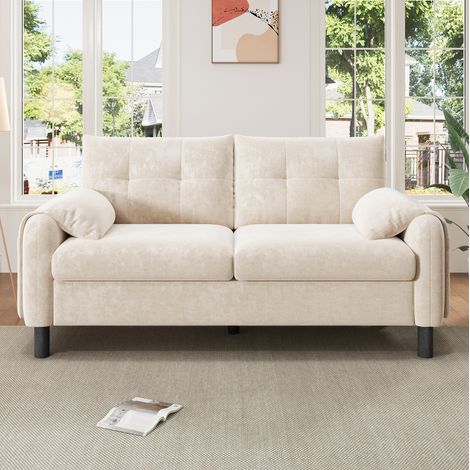 Canapé 2 places 158x80x88.5 cm beige en chenille avec poches latérales et coussins épais (1/5)