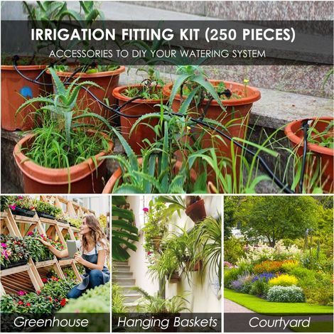 Kit irrigation goutte à goutte 250 pièces – Raccords 1/4″ – 30 4 voies, 30 coudes, 90 droits, 30 bouchons, 70 tés – Jardin et pelouse (1/5)