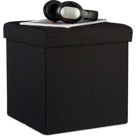Relaxdays Folding Ottoman 38 x 38 x 38 cm Storage Chair, Footstool Pouf Box Cube, Removable Lid, Black