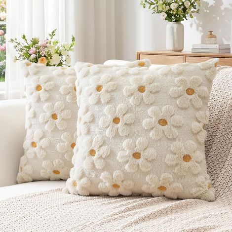 Set di 2 federe decorative in morbido velluto di lana a pelo corto, stile lussuoso primavera/estate per divano/camera da letto - Fiori color crema beige, 45 x 45 cm (1/5)